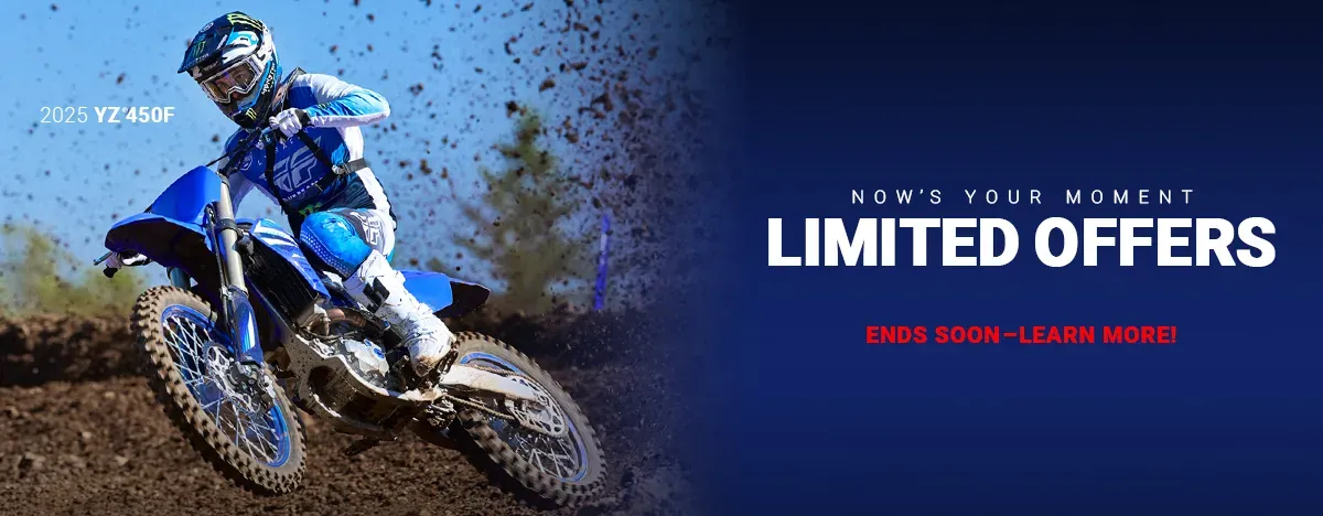 Promotional banner for the 2025 Yamaha YZ450F dirt bike on a racing track
