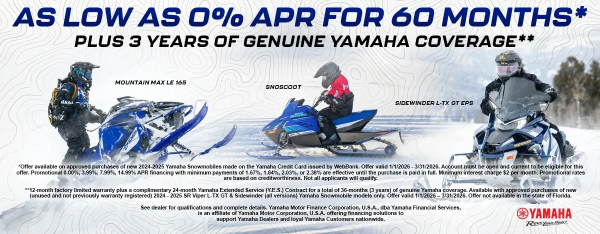 Yamaha snowmobile lineup promotional banner with 0 percent APR financing offer