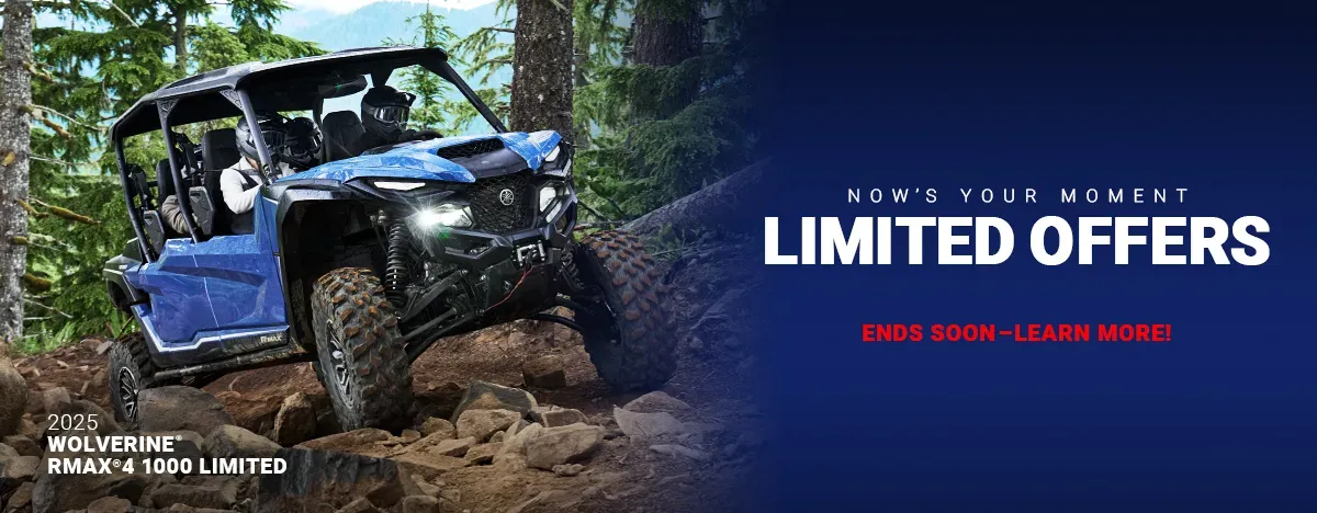 Promotional banner for the 2025 Yamaha Wolverine RMAX4 1000 Limited on rocky terrain
