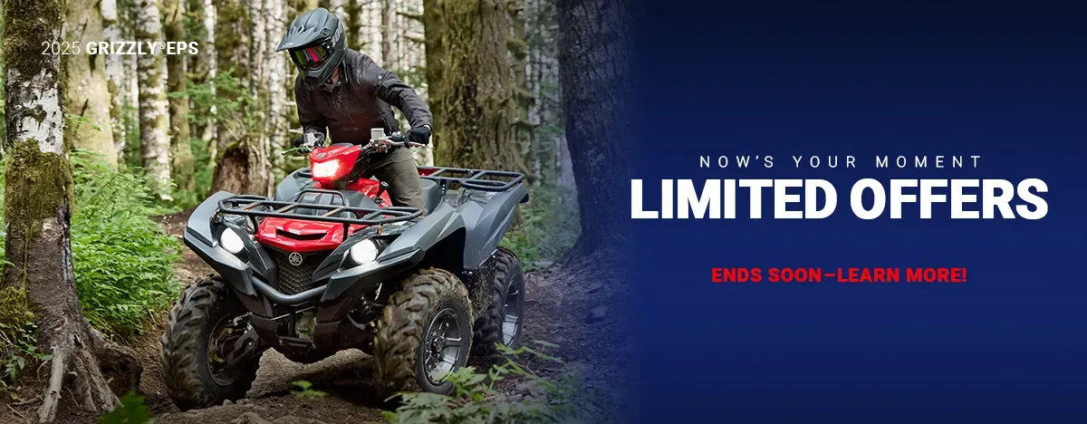 Promotional banner for the 2025 Yamaha Grizzly EPS ATV featuring limited forest riding offers