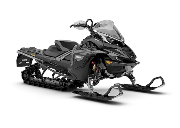 Black Lynx Brutal snowmobile with red accents shown from the side