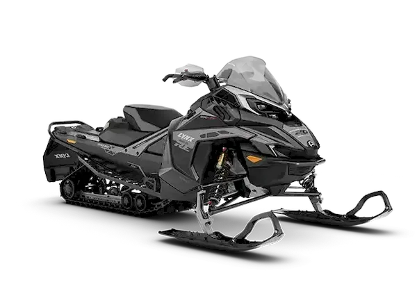 Black and grey Lynx Rave snowmobile shown from the side against a grey background