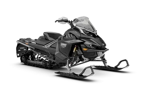 Black Lynx Xterrain snowmobile with orange accents for cross-country performance