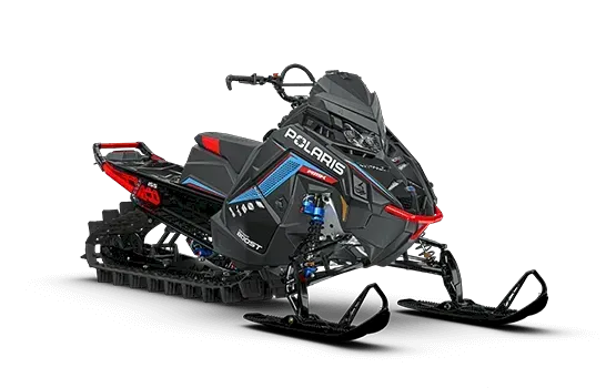 Dark gray and blue Polaris RMK Factory Edition snowmobile