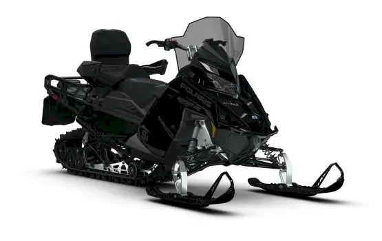 Black Polaris Voyageur Adventure Ultimate snowmobile with passenger seat