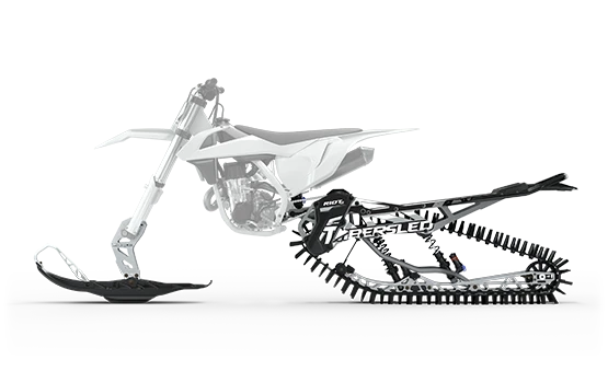 White dirt bike equipped with a black and grey Timbersled RIOT kit for snow riding