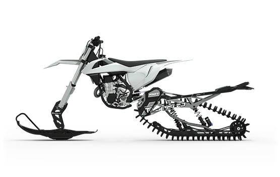 Close-up of a Timbersled RIOT 3 Pro kit on a white dirt bike