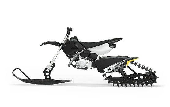 Youth-sized dirt bike with a black Timbersled RIPPER snow kit designed for young riders