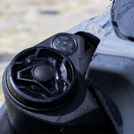Close-up of a black waterproof BRP Premium Audio System speaker
