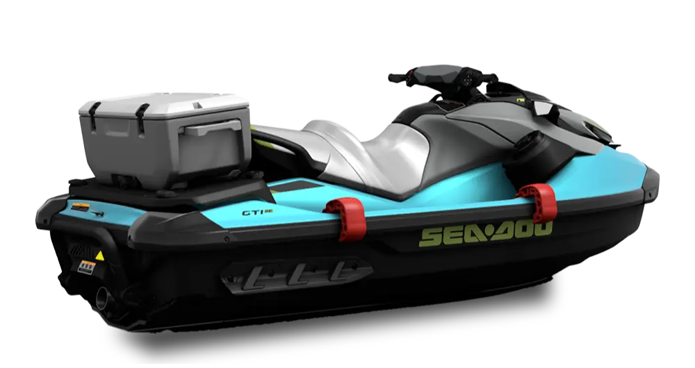 Sea-Doo GTI personal watercraft with a gray storage cooler attached to the back deck
