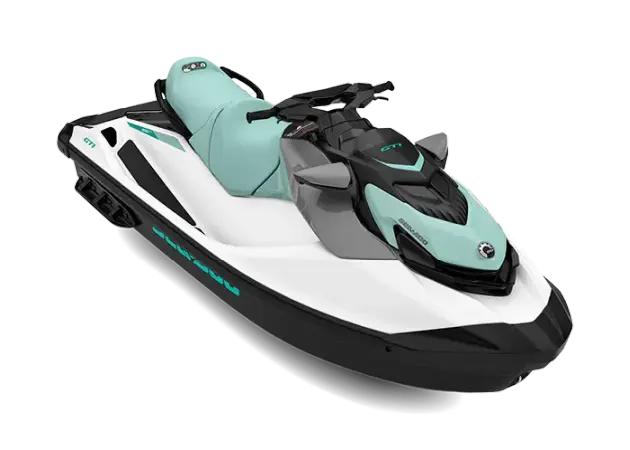 White and light blue Sea-Doo GTI personal watercraft with a large rear swim platform