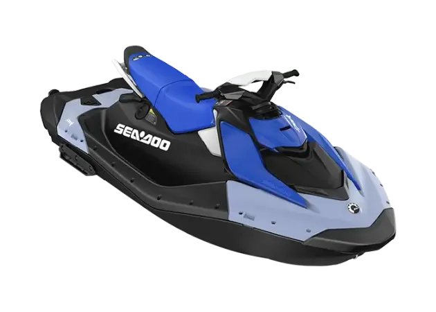 White and light blue Sea-Doo Spark personal watercraft floating on calm blue water