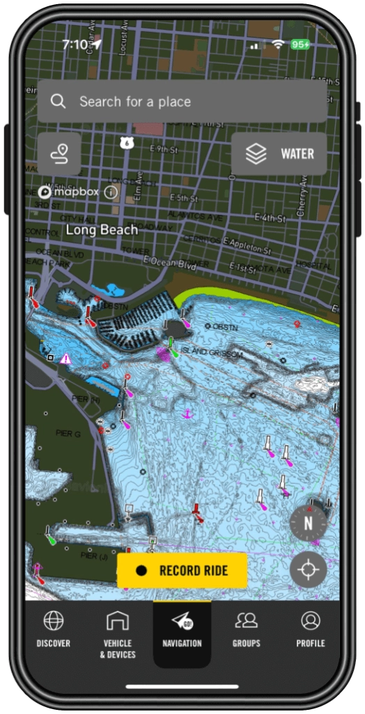 Smartphone displaying Sea-Doo BRP GO! app with trail navigation map