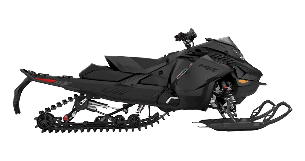 Matte black snowmobile viewed from the side profile on a white background