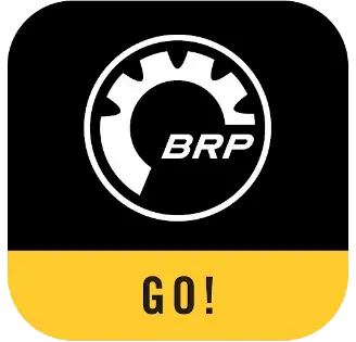 Square app icon featuring a white BRP gear logo on a black top half and the word GO! on a yellow bottom half