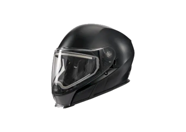 Glossy black modular snowmobile helmet with a clear heated visor on a white background