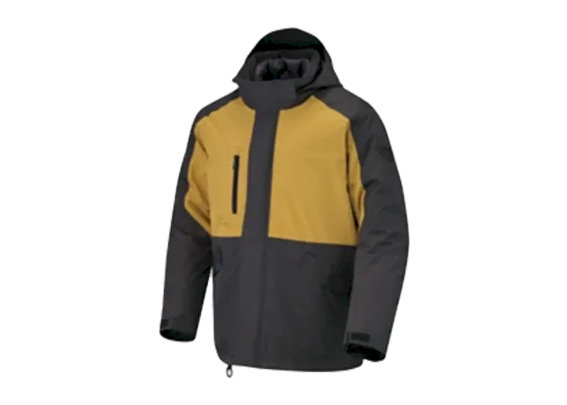 Black and mustard yellow winter riding jacket with a hood on a white background
