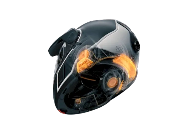 Semi-transparent snowmobile helmet revealing internal orange ear pads and communication wiring on a white background