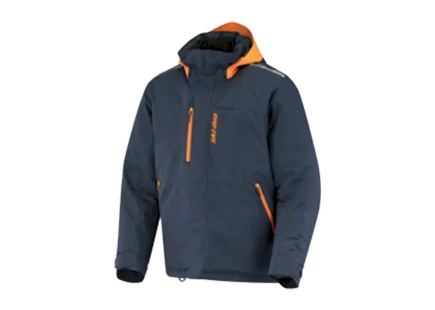 Navy blue winter jacket featuring an orange inner collar and orange zippers on a white background