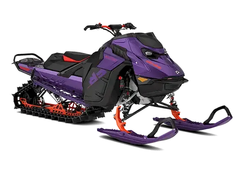 Deep purple Freeride snowmobile with black panels and orange ski loops on a white background