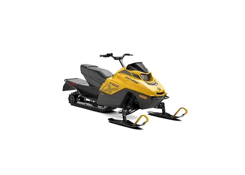 Yellow MXZ 200 youth snowmobile with black seat and panels on a white background