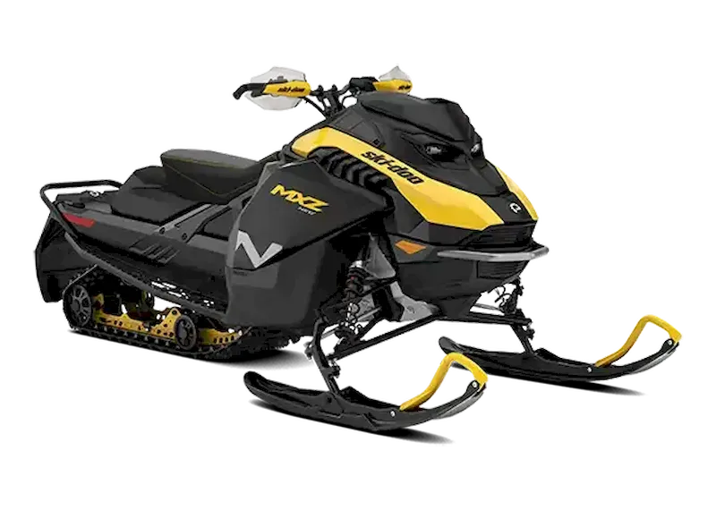 Black MXZ Neo+ trail snowmobile with a yellow hood panel and yellow ski loops on a white background