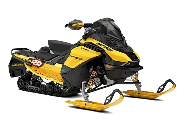 Yellow and black Renegade trail snowmobile with yellow ski loops and suspension springs on a white background