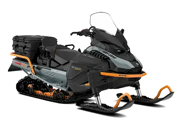 Black Skandic utility snowmobile with an orange wrap-around front bumper, rear cargo box, and passenger seat on a white background