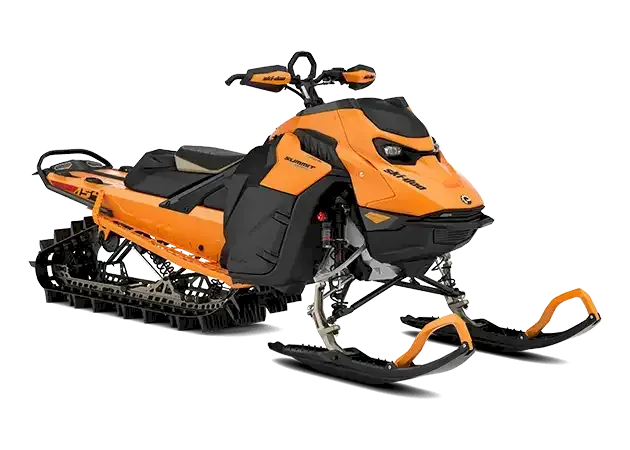 Bright orange and black Summit snowmobile with orange ski loops on a white background