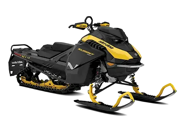 Black and yellow Summit Neo mid-size snowmobile with yellow ski loops on a white background
