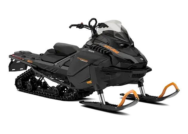 All-black Tundra snowmobile with orange decals and orange ski loops on a white background