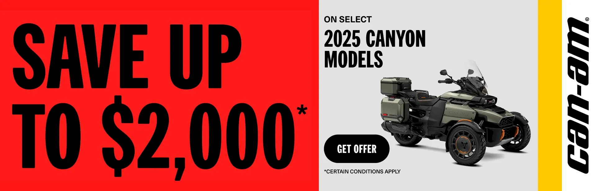 Promotional banner for 2025 Can-Am Canyon models with up to $2,000 savings offer and touring ATV