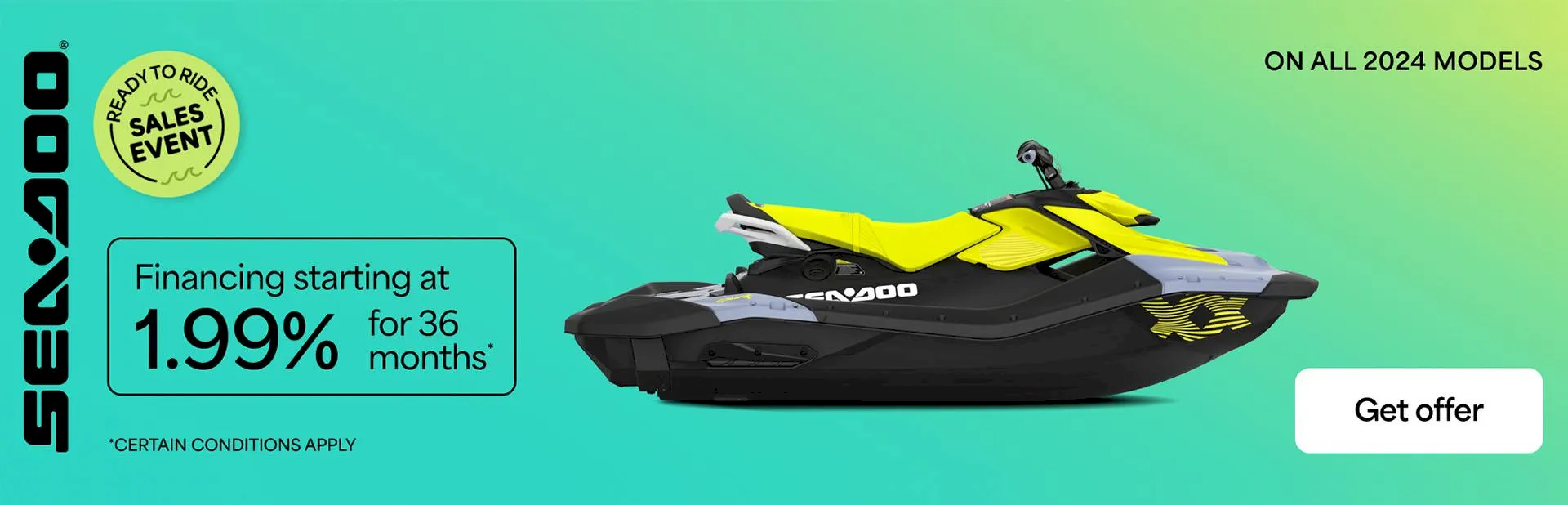 Sea-Doo financing promotion banner featuring a yellow personal watercraft with financing starting at 1.99% for 36 months on 2024 models