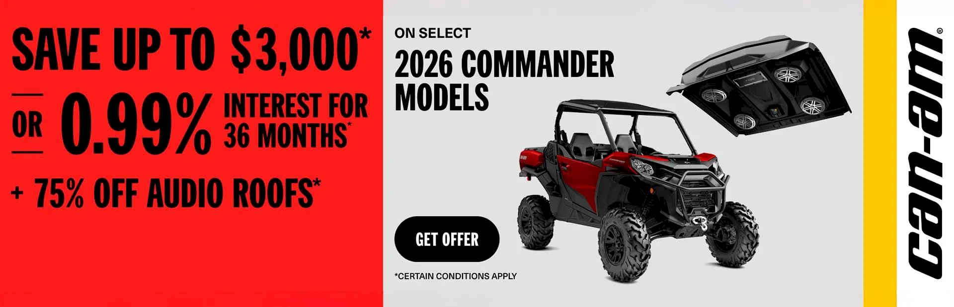 Banner: Can-Am 2026 Commander side-by-side vehicle promotion with financing offer and discounted audio roof accessories