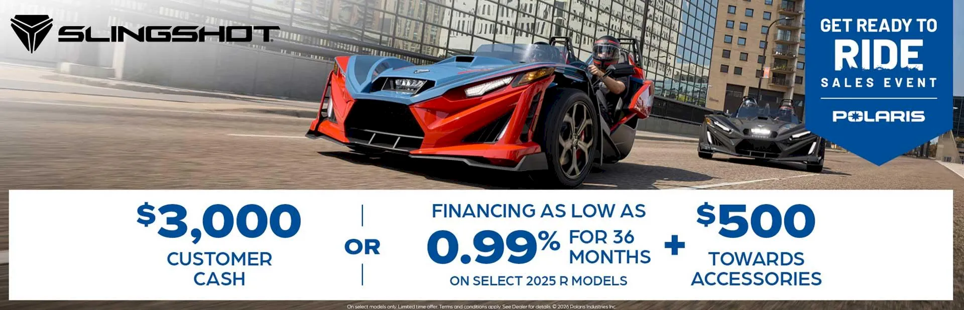 Banner: Polaris Slingshot sales event promotion featuring customer cash incentives, low financing rates, and accessories credit