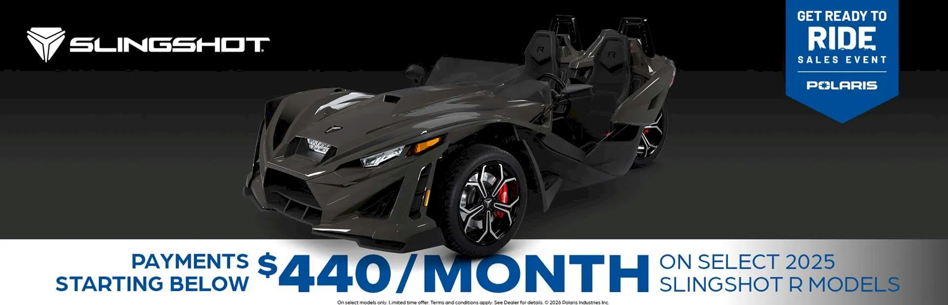 Banner: 2025 Polaris Slingshot R roadster promotion with payments starting below $440 per month