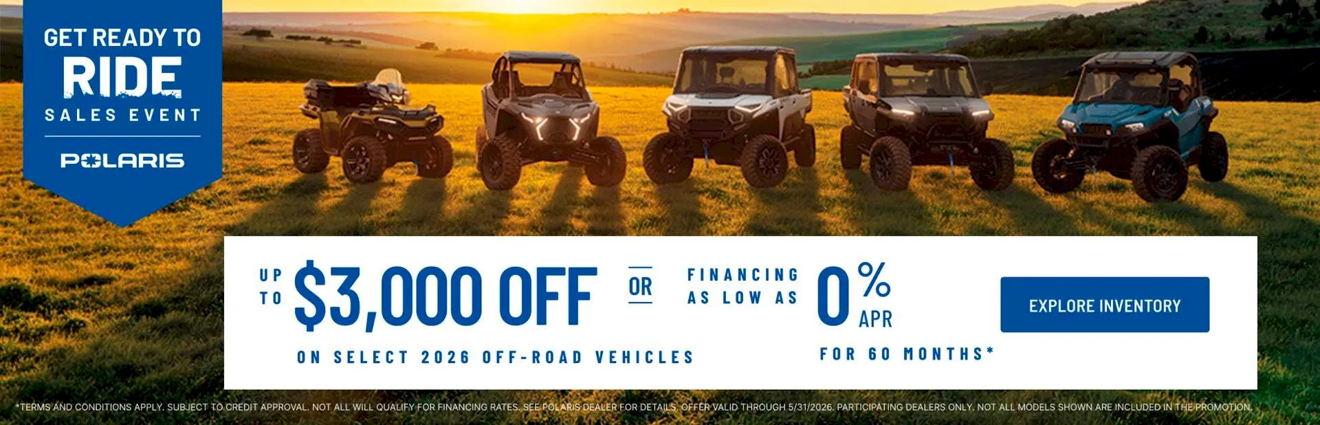 Banner: Polaris Get Ready to Ride Sales Event promotion featuring off-road utility vehicles with up to $3,000 off or 0% APR financing