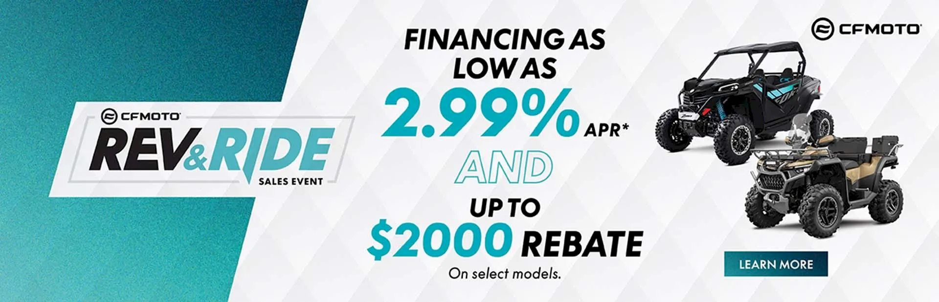 Banner: CFMOTO Rev & Ride sales event promotion with 2.99% APR financing and up to $2000 rebate on select side-by-side and ATV models