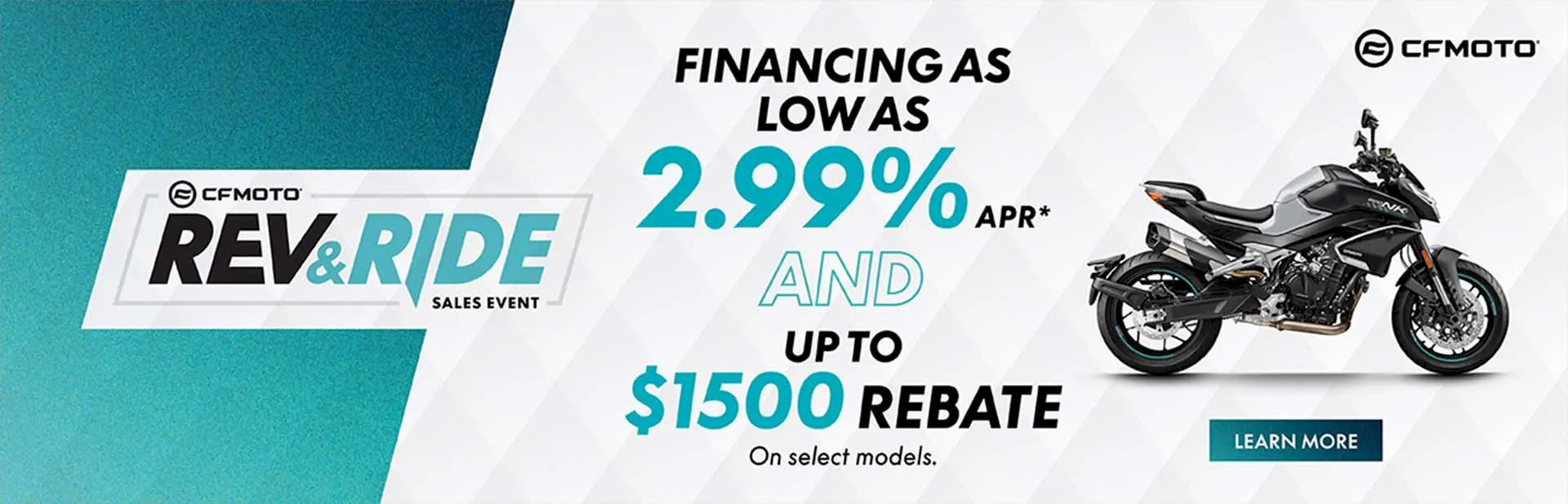 CFMOTO Rev & Ride sales event promotion banner featuring low 2.99% APR financing and up to $1500 rebate on select motorcycles