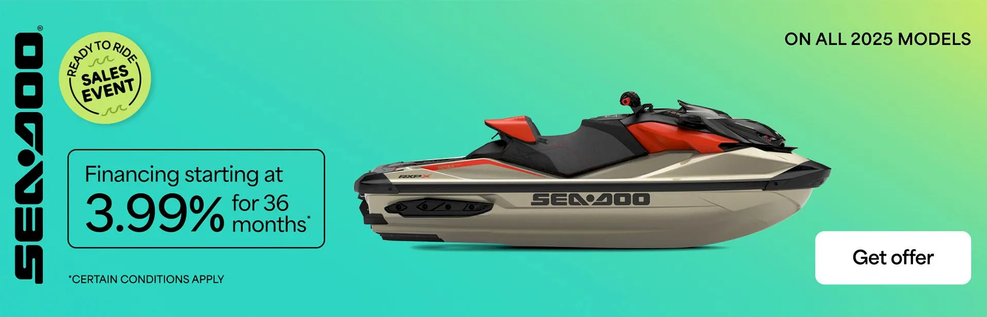 Sea-Doo personal watercraft financing banner with 3.99% financing for 36 months on all 2025 models
