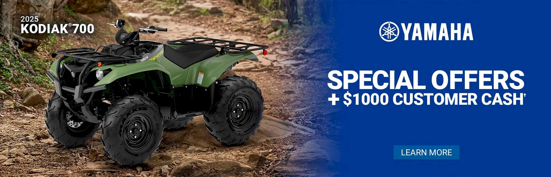 Banner: 2025 Yamaha Kodiak 700 ATV with $1000 customer cash special offer