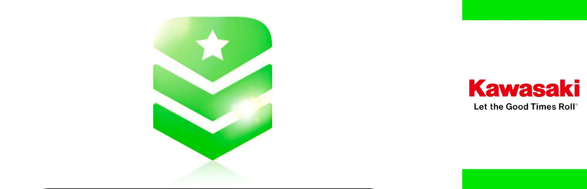 Banner: Kawasaki military discount promotion graphic with green military rank insignia and Kawasaki logo