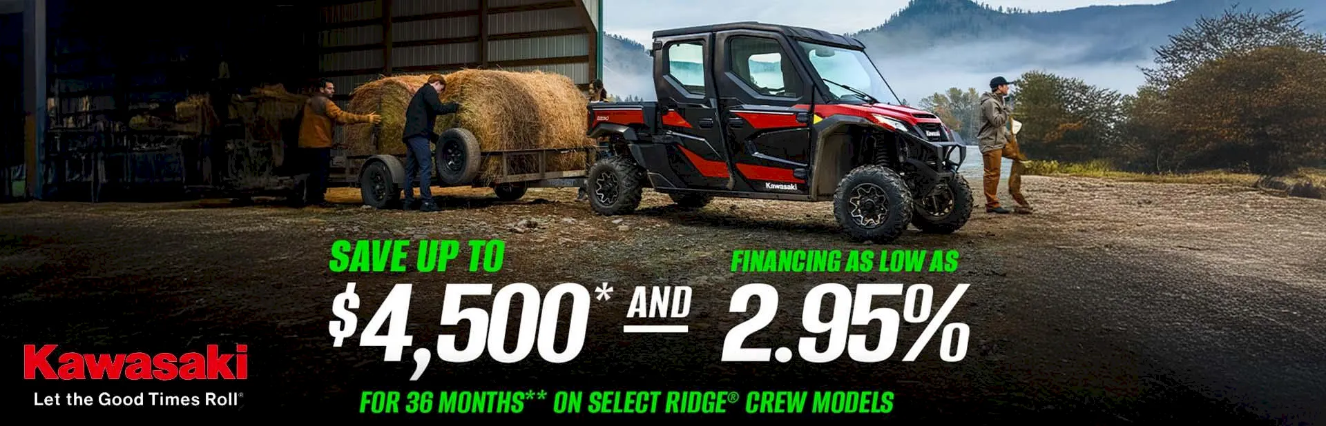 Banner: Kawasaki Ridge Crew side-by-side utility vehicle with financing and savings promotion on a rural farm setting