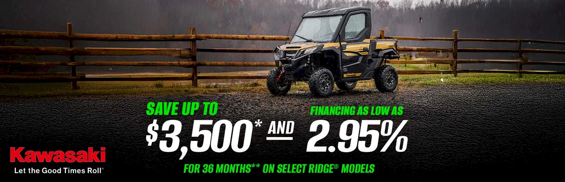 Banner: Kawasaki Ridge side-by-side utility vehicle with financing offer and savings promotion on select Ridge and Ridge XR models