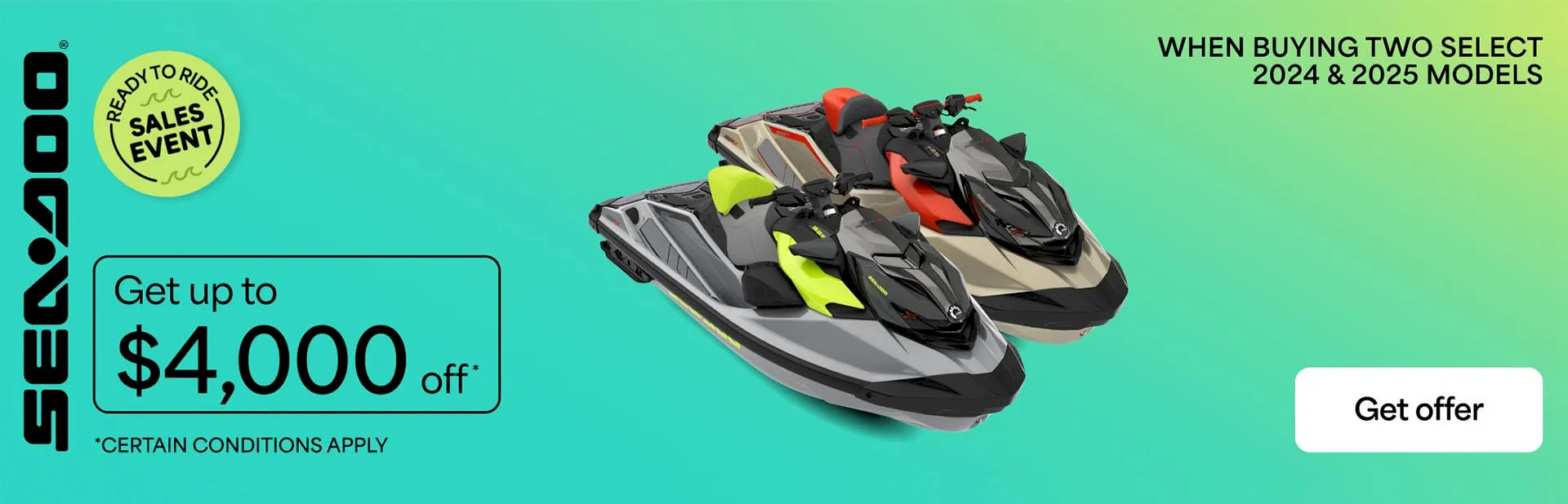 Sea-Doo sales event banner featuring two personal watercraft with up to $4,000 off select 2024 and 2025 models