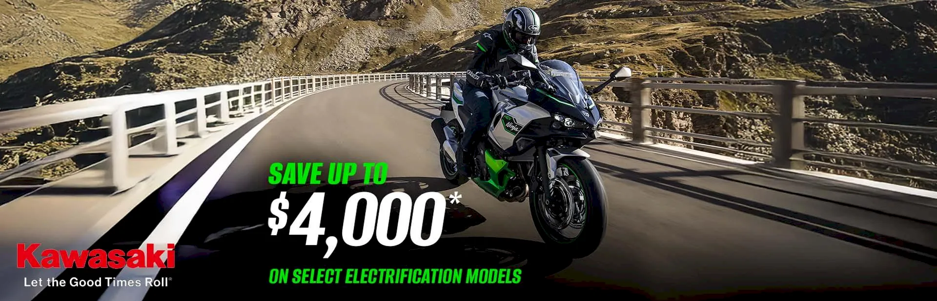 Banner: Kawasaki sport motorcycle riding across a mountain bridge with up to $4,000 savings on select electrification models