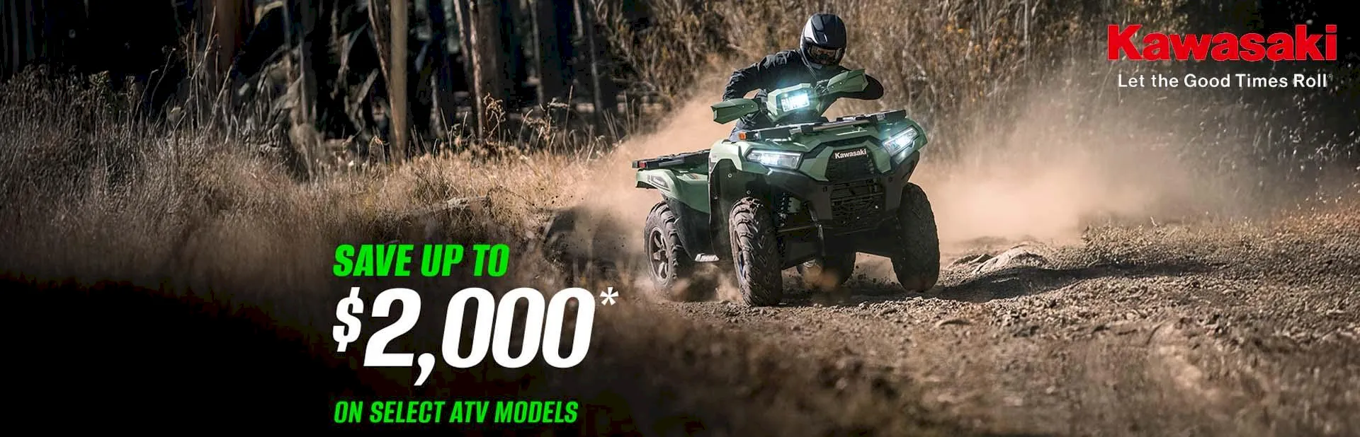 Banner: Kawasaki ATV riding on a dirt trail with promotion for up to $2,000 savings on select ATV models