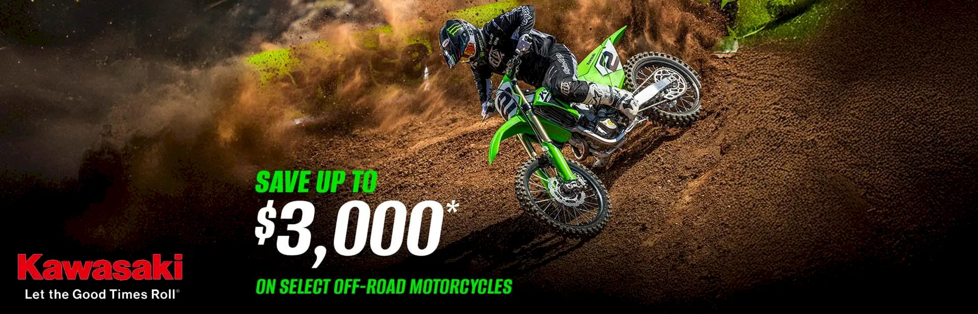 Banner: Kawasaki rider racing an off-road dirt bike with promotional offer for select off-road motorcycles