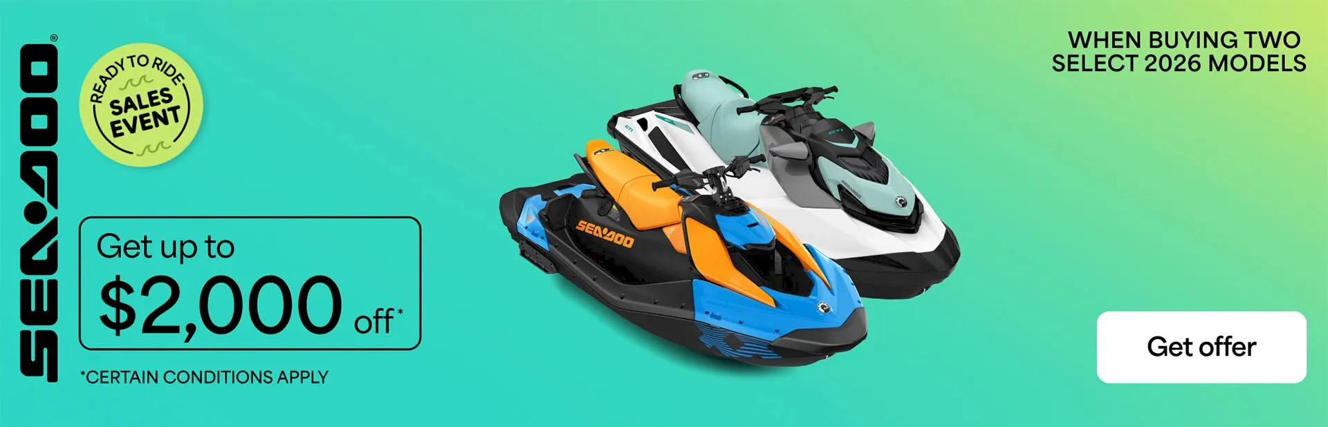 Sea-Doo sales event banner featuring two personal watercraft models with up to $2,000 off select 2026 models